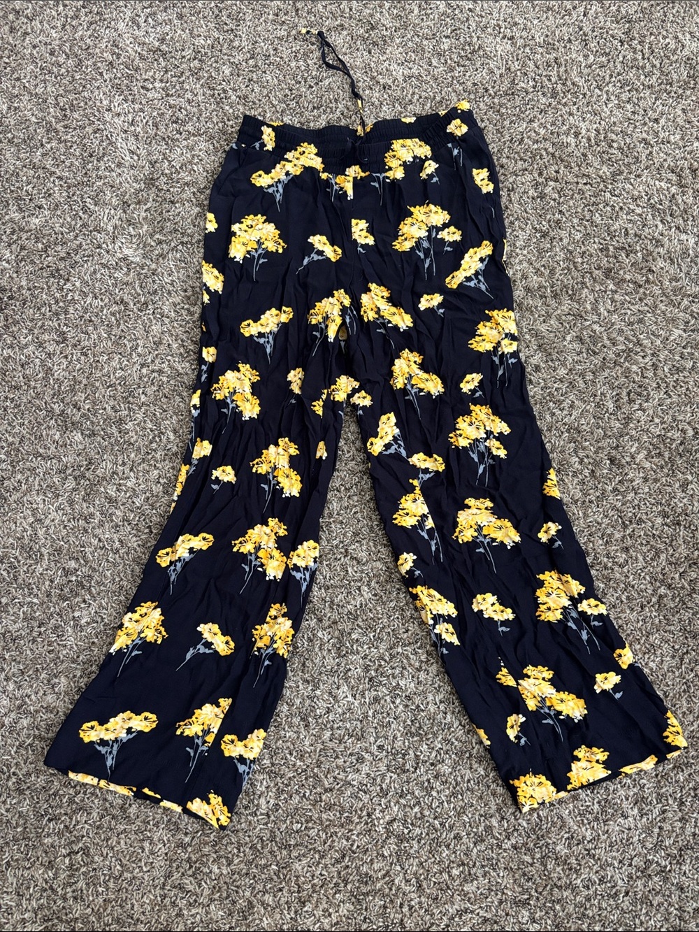 LOFT Navy Wide-Leg Pants with Yellow Floral Print